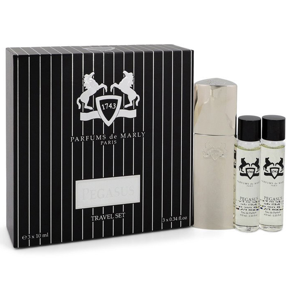The sleek silver Zamac case of this luxury travel cologne set