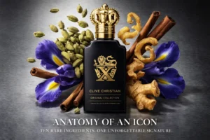 Glass perfume bottle with crown stopper, orange-tinted liquid, and gold details on a dark background.