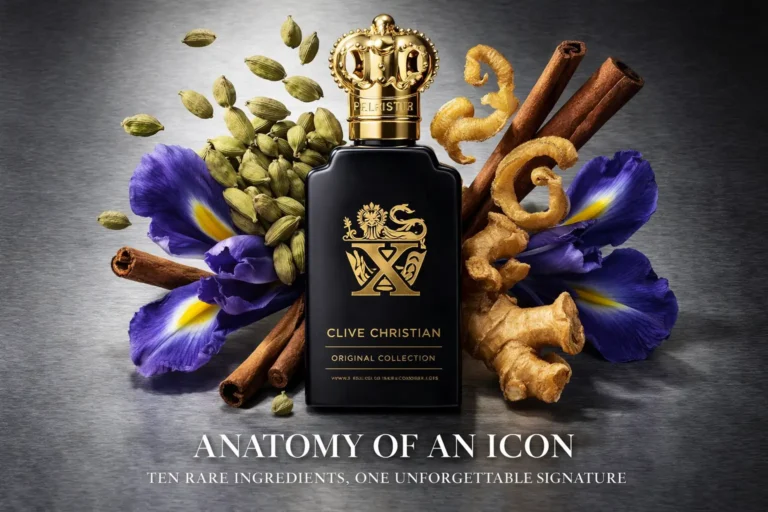 Glass perfume bottle with crown stopper, orange-tinted liquid, and gold details on a dark background.