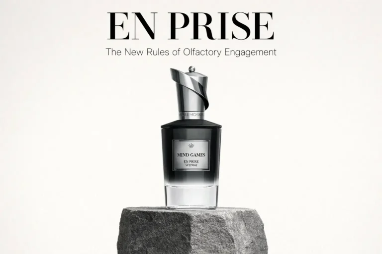 Glass perfume bottle with silver chess-piece cap on a dark reflective surface.