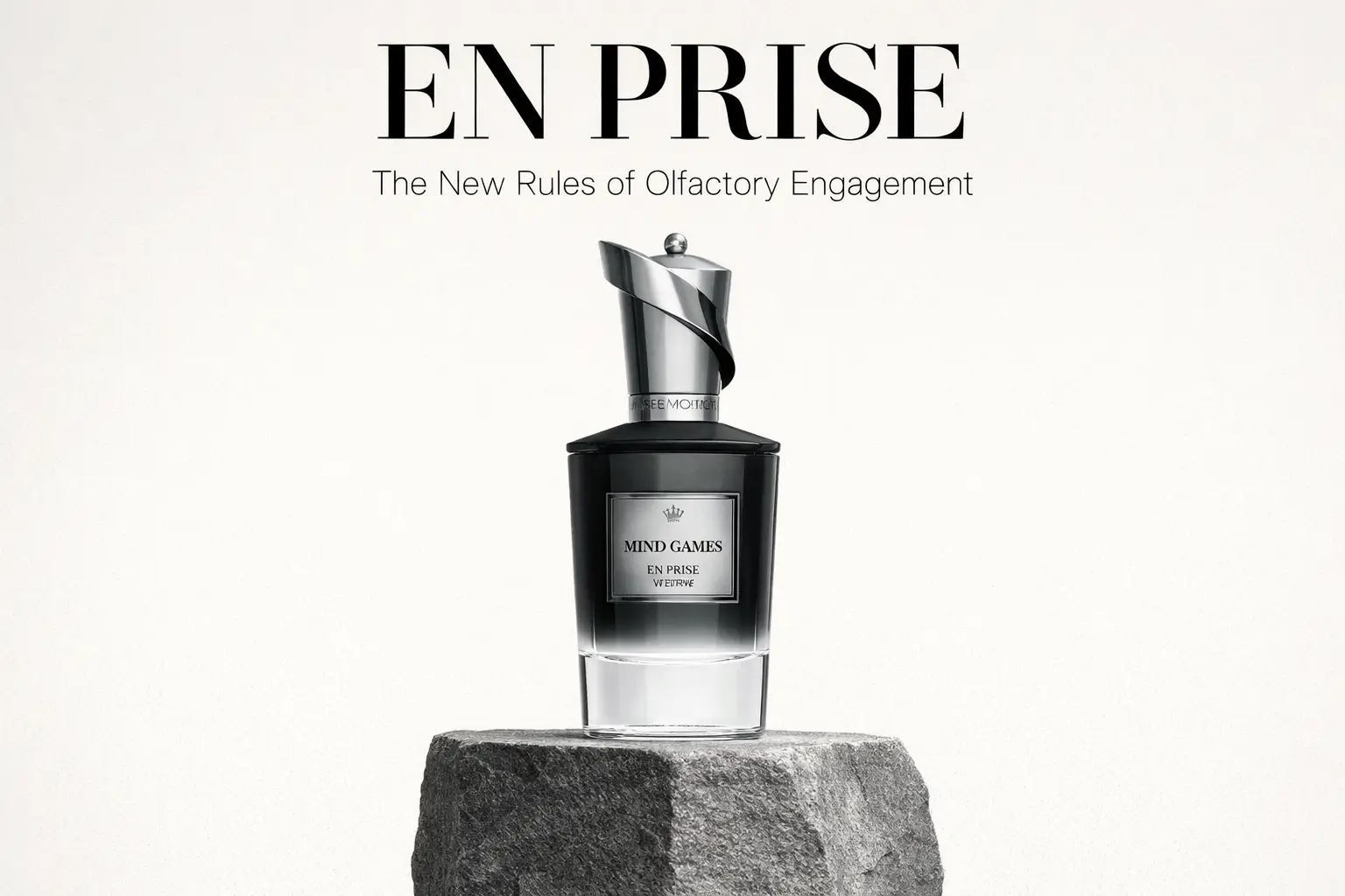 Glass perfume bottle with silver chess-piece cap on a dark reflective surface.