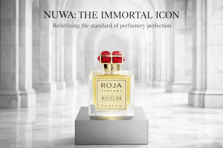 Nuwa by Roja Parfums luxury perfume bottle with a crystal cap on a marble surface.