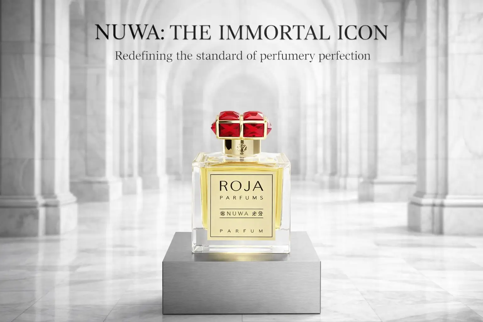 Nuwa by Roja Parfums luxury perfume bottle with a crystal cap on a marble surface.