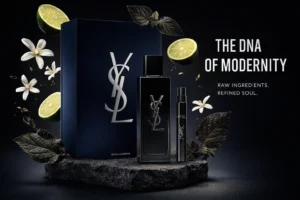 Two black Yves Saint Laurent Myslf perfume bottles of different sizes placed on a clean surface.