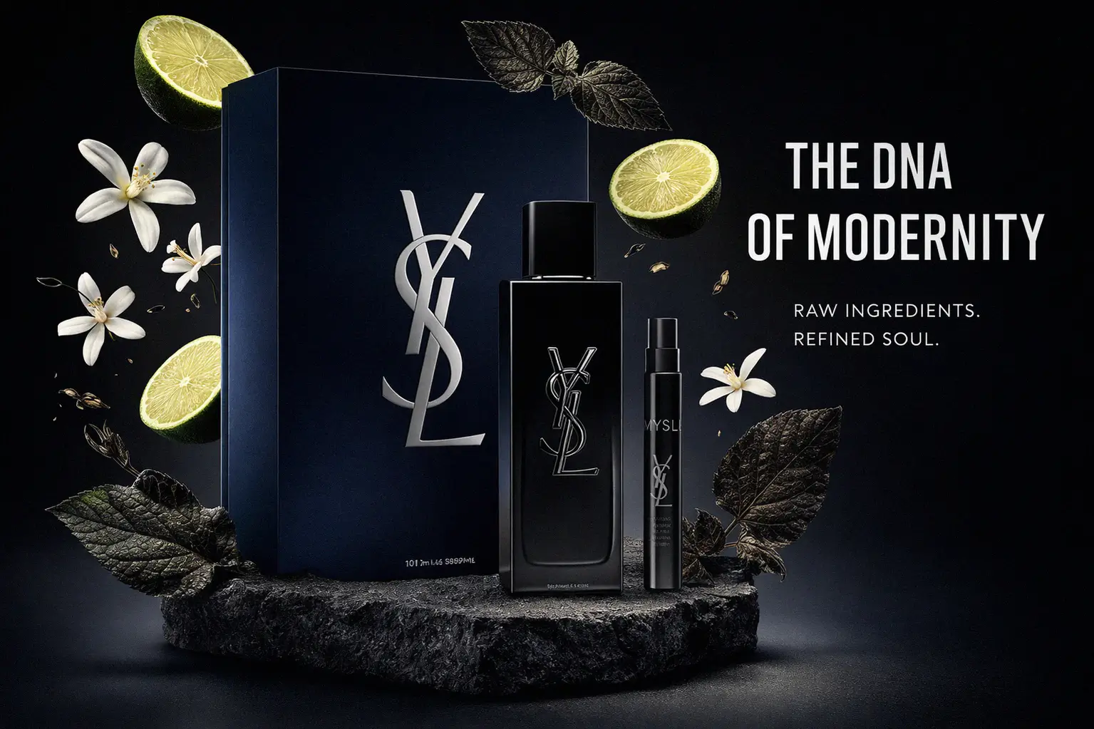Two black Yves Saint Laurent Myslf perfume bottles of different sizes placed on a clean surface.