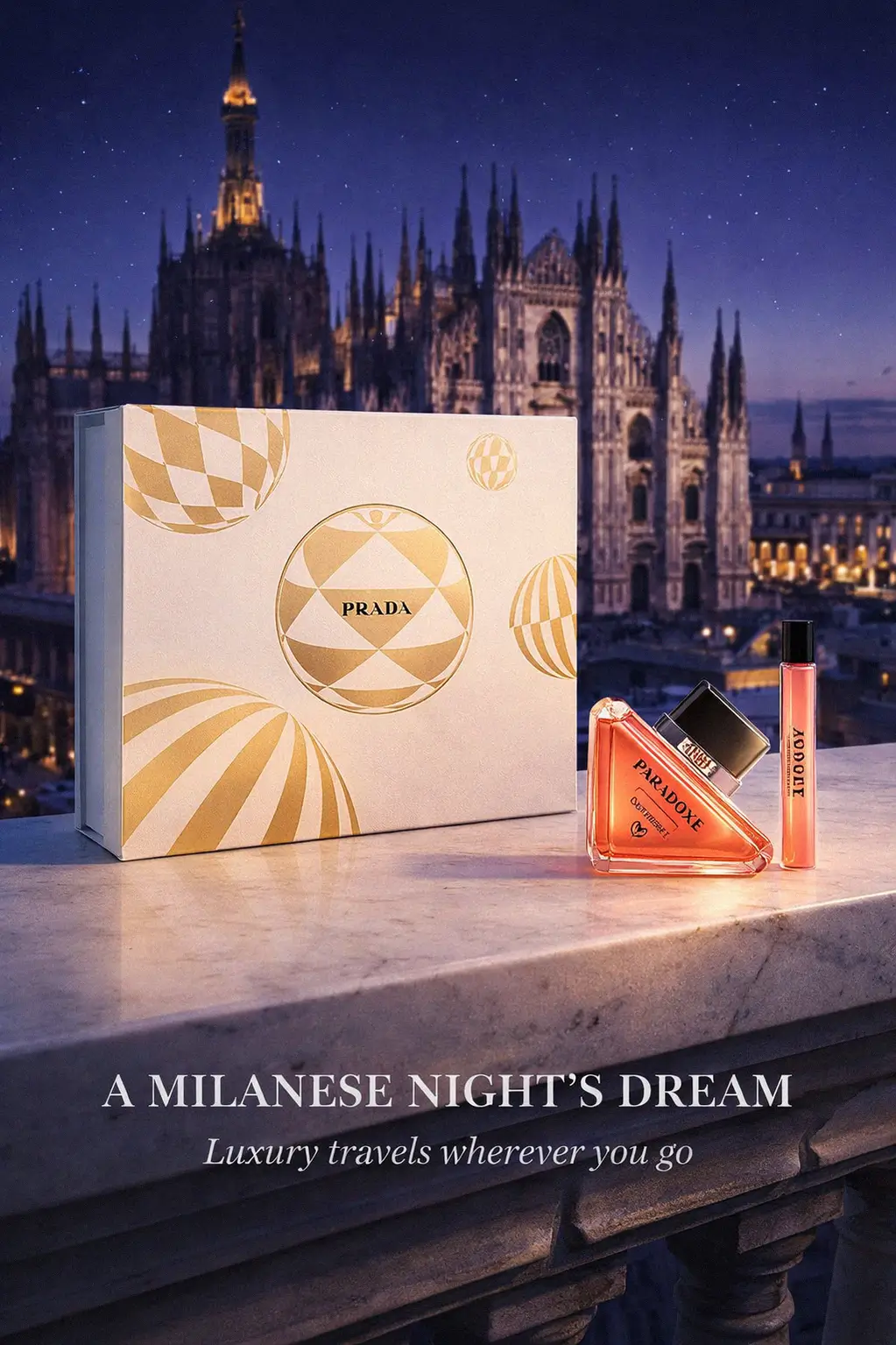 Luxury lifestyle display of Prada Paradoxe Intense fragrance bottles