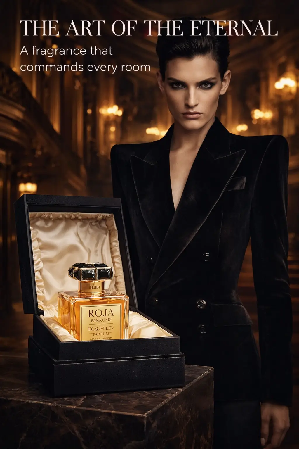 Detailed view of Roja Diaghilev bottle and crystal cap