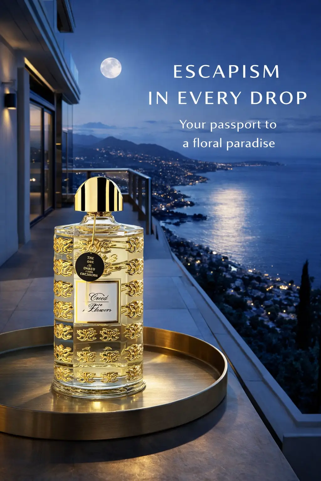 Golden floral light and soft notes reflecting Creed White Flowers