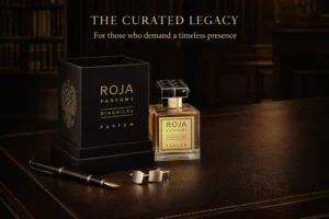 Rectangular glass bottle of Roja Parfums Diaghilev with a gold-tone cap and Swarovski crystals.