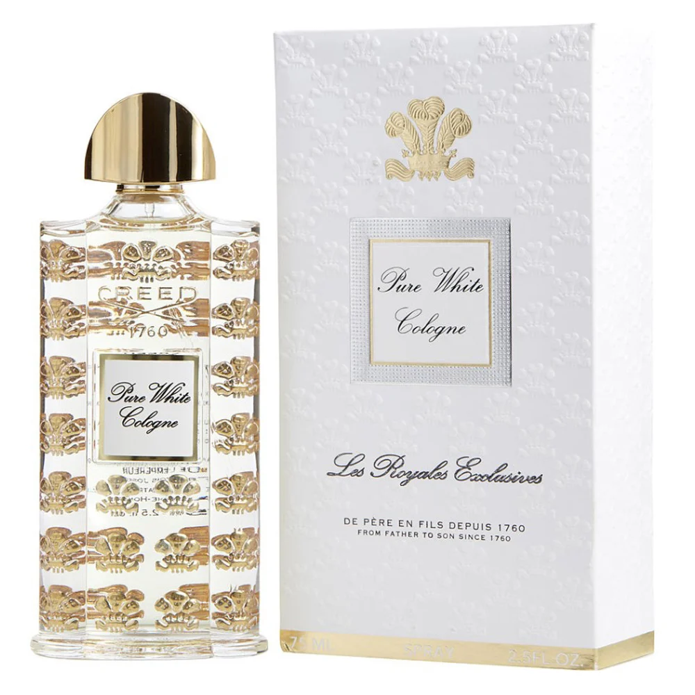 Sleek glass bottle of Creed Pure White luxury citrus aromatic cologne on a minimalist surface