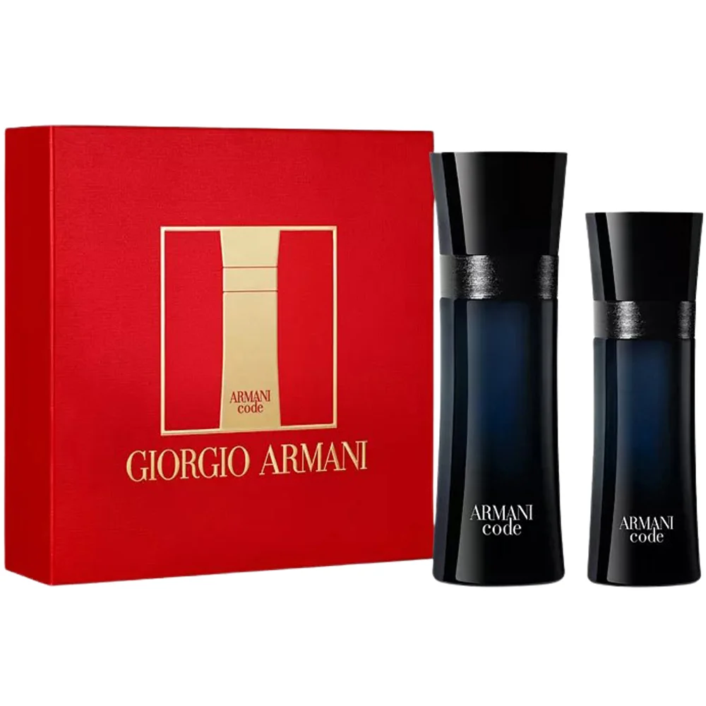 The sleek tuxedo inspired bottles of the Armani Code gift set