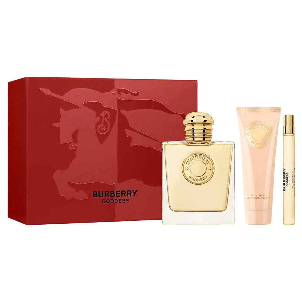 The Burberry Goddess Gift Set featuring a refillable perfume bottle and body lotion