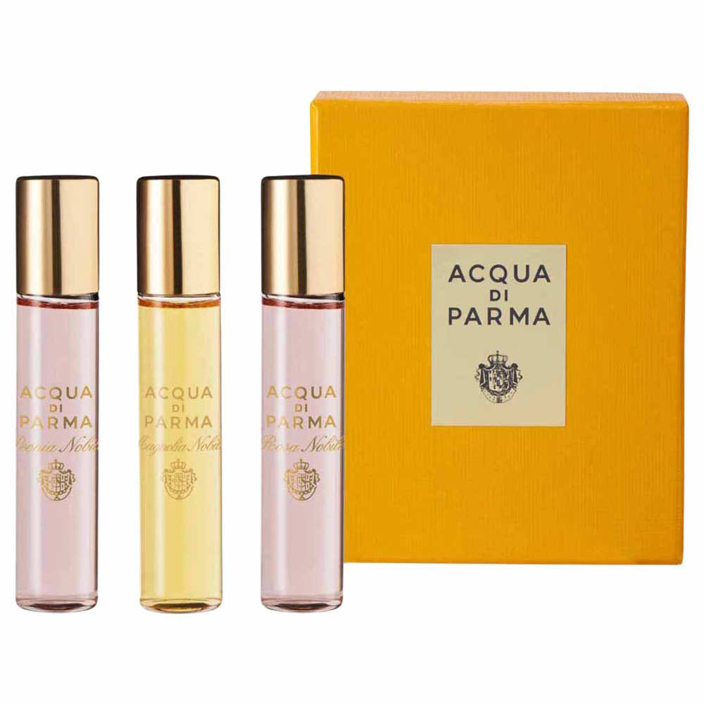 A luxury floral discovery set by Acqua Di Parma featuring three elegant travel sprays