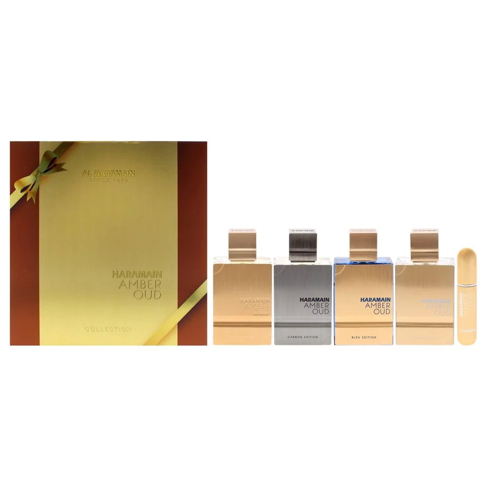 A luxury unisex fragrance set featuring four Al Haramain Amber Oud bottles in a collector case