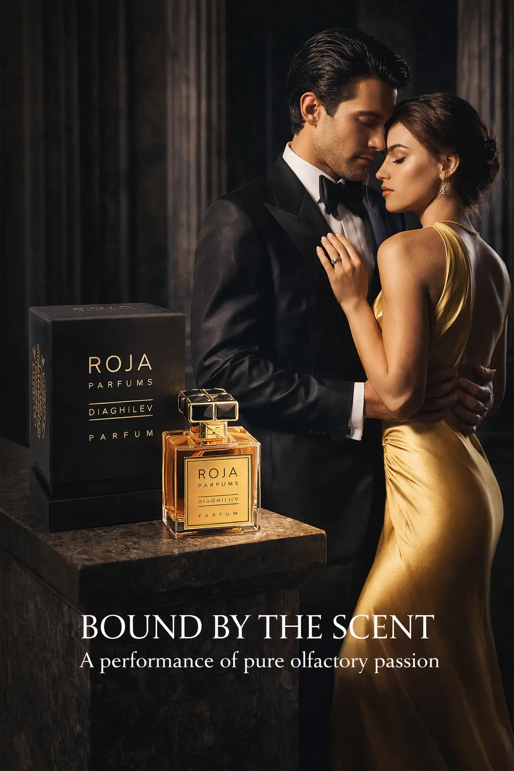 The elegant golden liquid of Roja Diaghilev in a crystal bottle