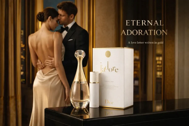 Gold amphora-shaped perfume bottle and body lotion in a white Dior gift box with gold trim.