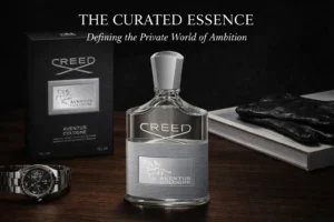 A clear glass Creed Aventus Cologne bottle with a silver cap on a white marble surface.