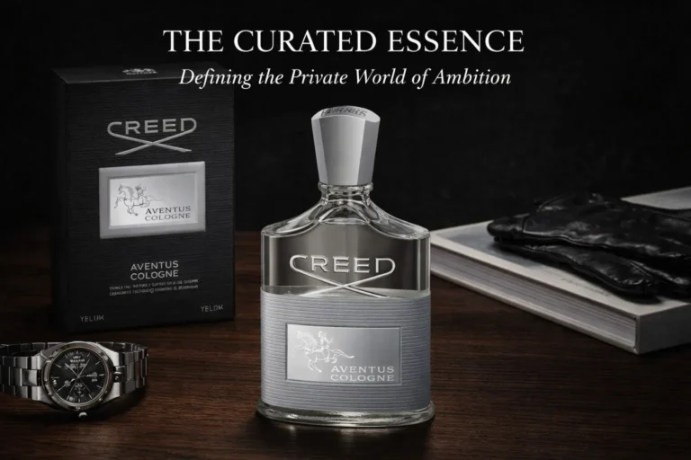 A clear glass Creed Aventus Cologne bottle with a silver cap on a white marble surface.