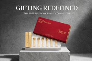 Gold travel spray case and five perfume refills arranged neatly on a white surface.