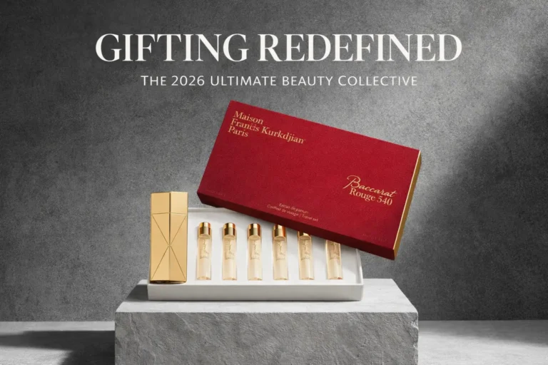 Gold travel spray case and five perfume refills arranged neatly on a white surface.