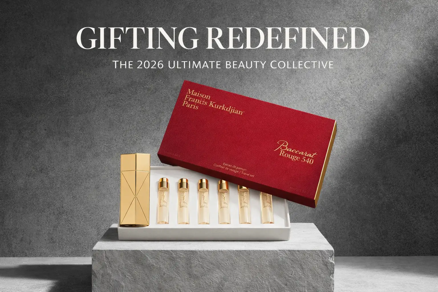 Gold travel spray case and five perfume refills arranged neatly on a white surface.