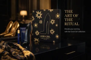 Three Carolina Herrera Good Girl products including a stiletto bottle and travel spray on a surface.