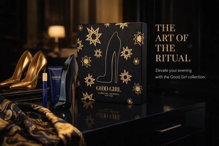 Three Carolina Herrera Good Girl products including a stiletto bottle and travel spray on a surface.