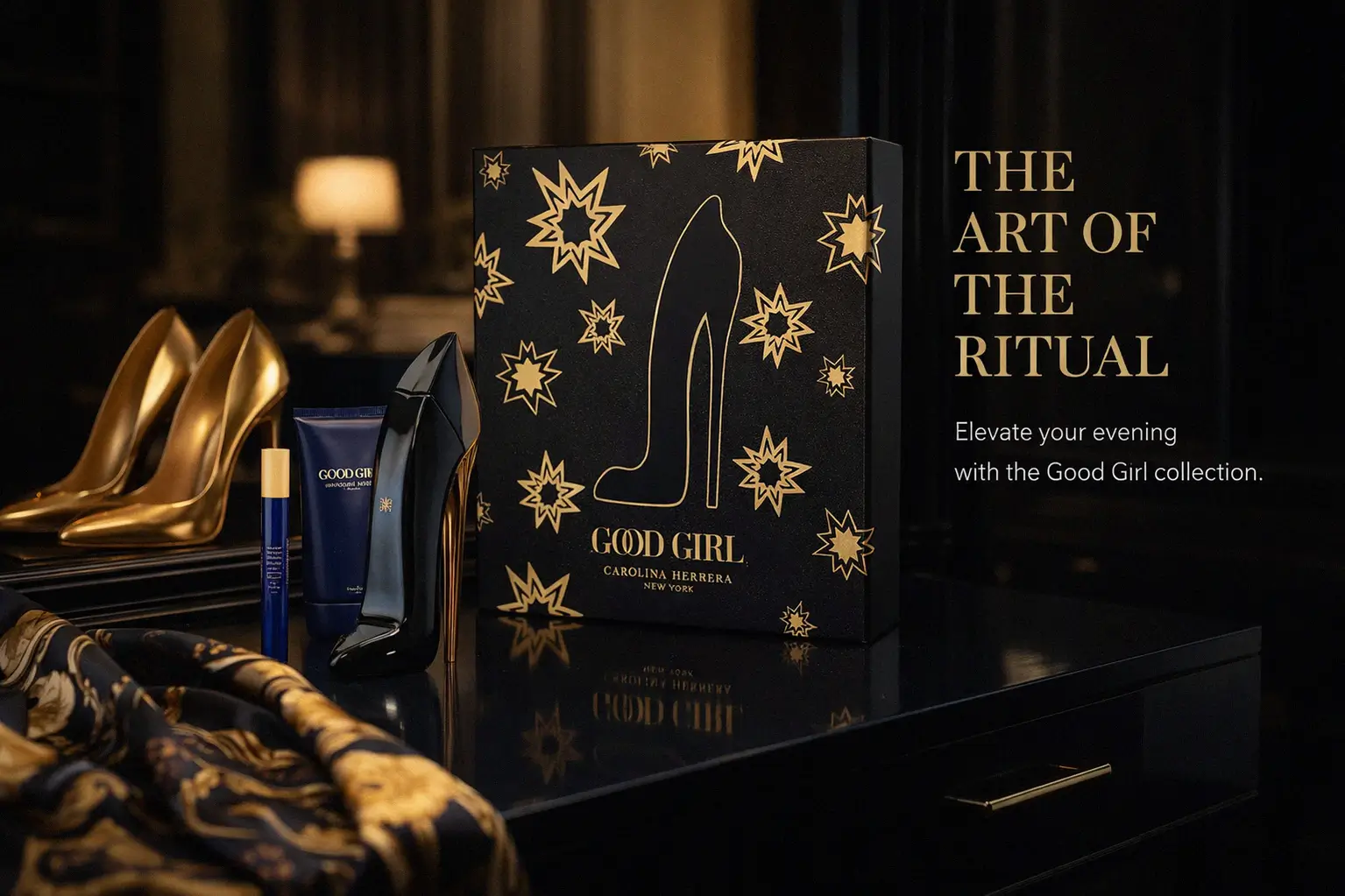 Three Carolina Herrera Good Girl products including a stiletto bottle and travel spray on a surface.