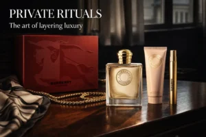 A large Burberry Goddess gift set box showing a 3.3 oz perfume bottle, body lotion, and a small travel spray.