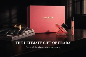 A pink triangular perfume bottle and matching travel spray displayed on a clean surface.