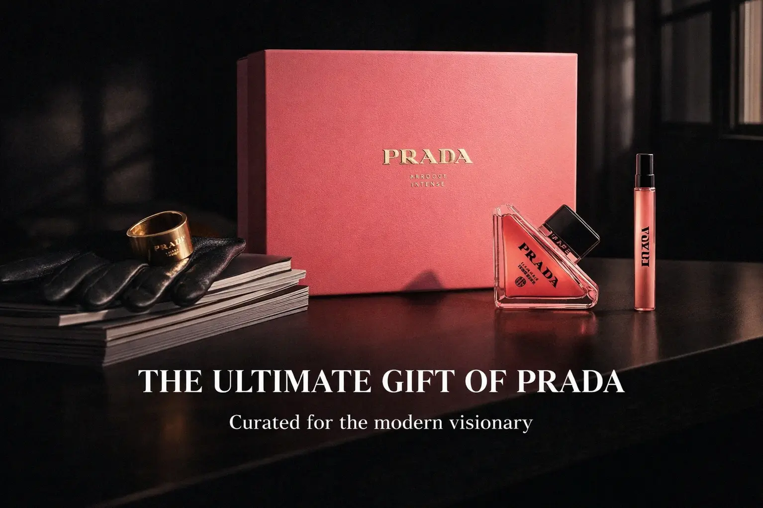 A pink triangular perfume bottle and matching travel spray displayed on a clean surface.