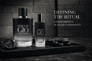 Giorgio Armani Acqua Di Gio Parfum gift set in a black box with a large bottle and a travel spray.