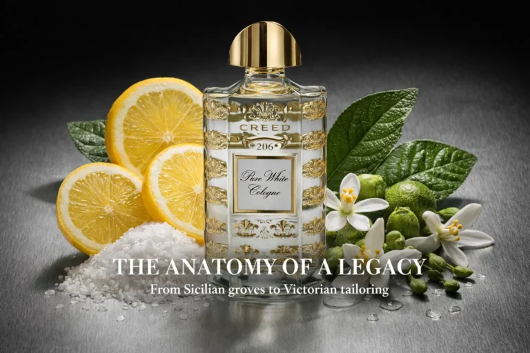 Hand-blown glass bottle with an etched Creed family crest resting on a luxury white marble surface.