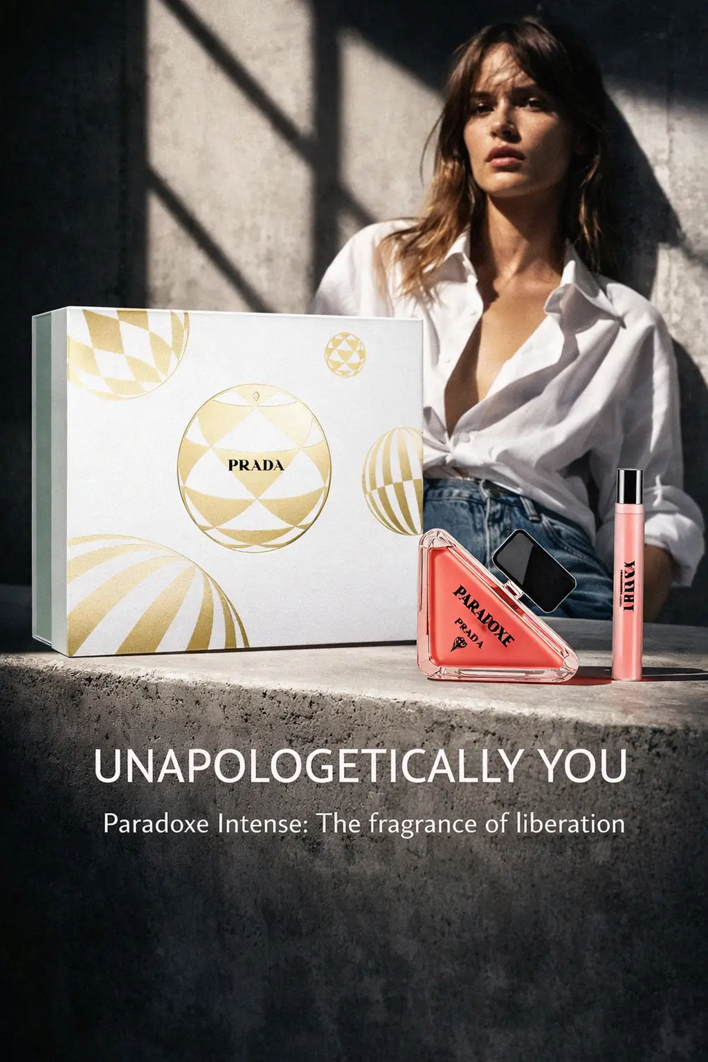 Close up of the Prada triangular bottle design and travel spray