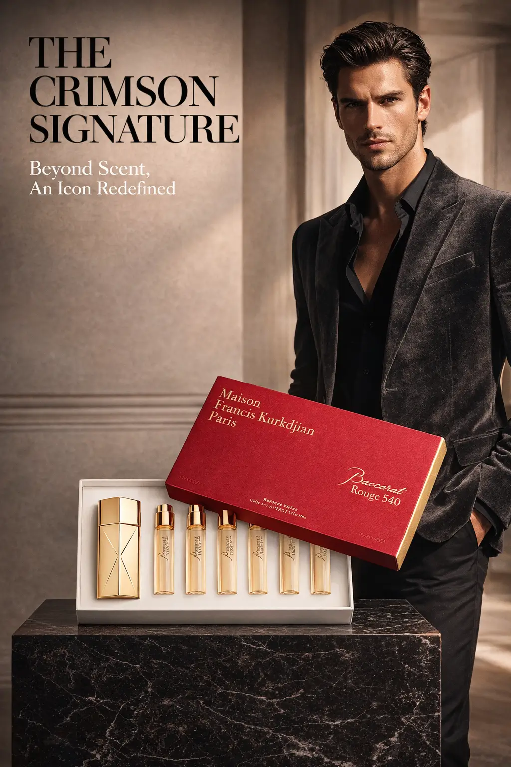 Elegant gold fragrance refills arranged on a marble vanity