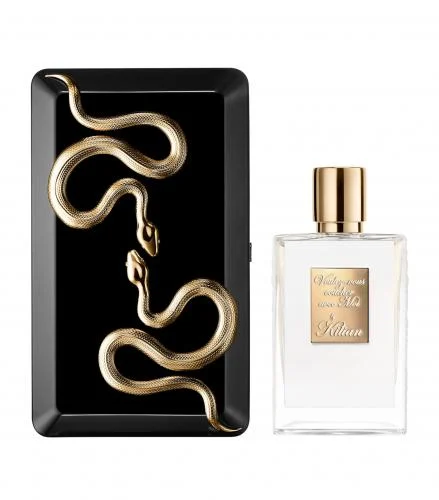 Kilian Voulez-vous coucher avec Moi luxury floral perfume in a black snake clutch