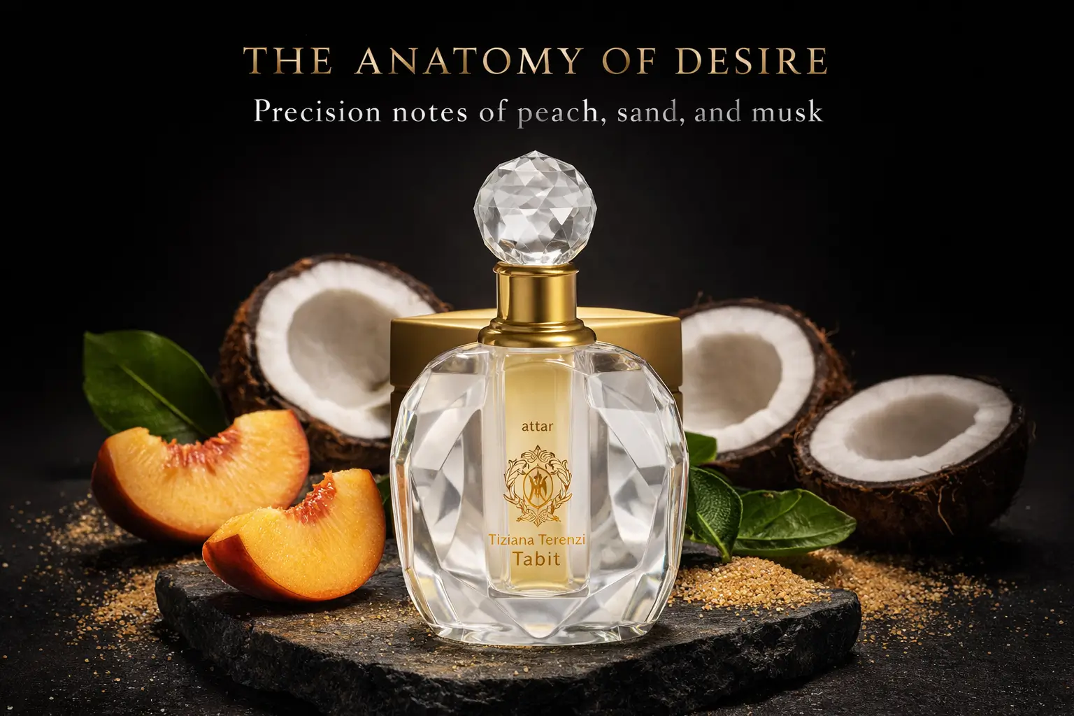 A small gold and black bottle of Tiziana Terenzi Tabit Attar perfume oil on a luxury vanity.