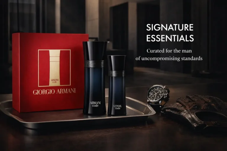 Two black Giorgio Armani Code cologne bottles displayed on a white surface as a premium gift set.