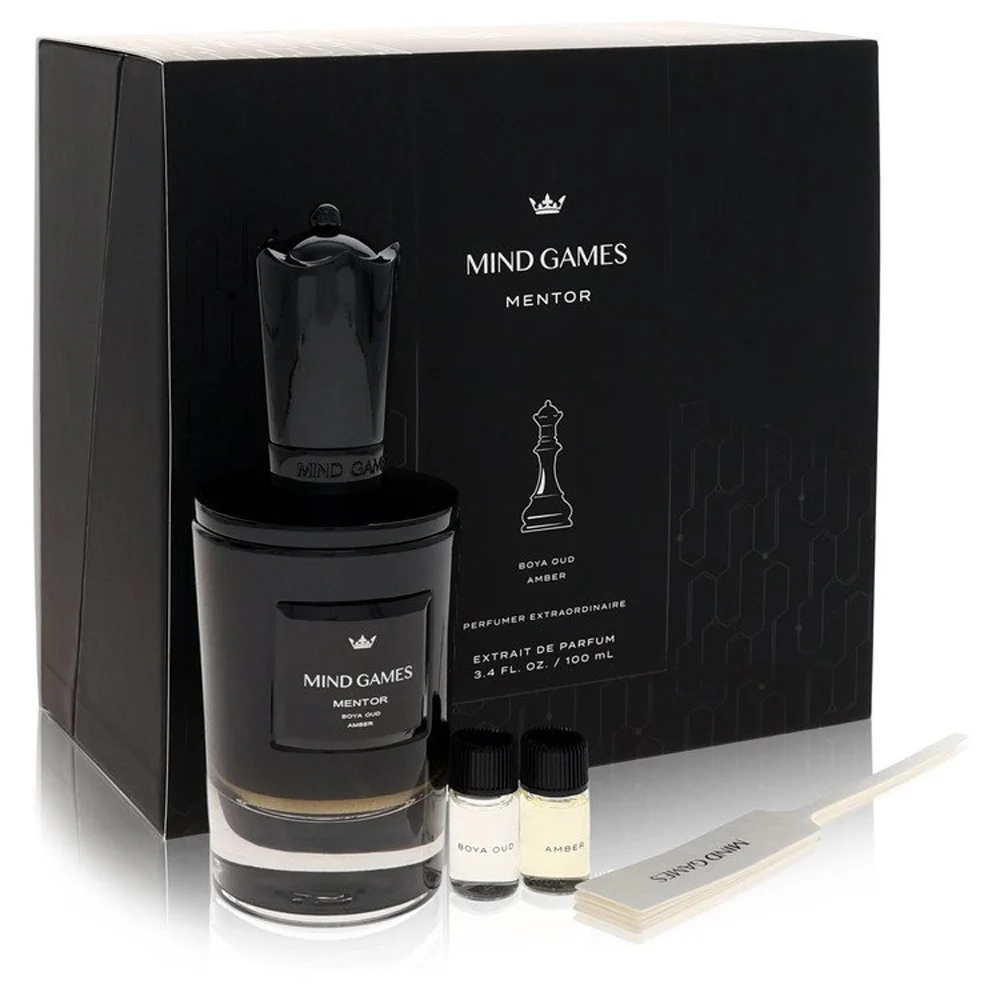 Mind Games Mentor amber gourmand perfume gift set with sleek bottle and atomizers