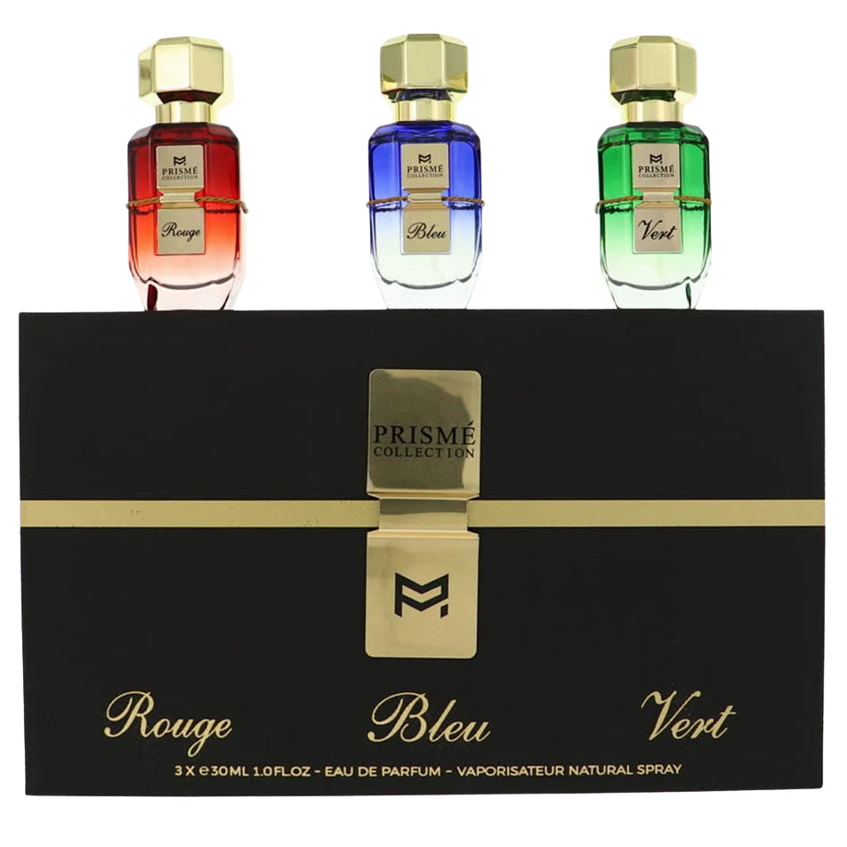 The Patek Maison luxury perfume gift set featuring three colorful prismatic bottles