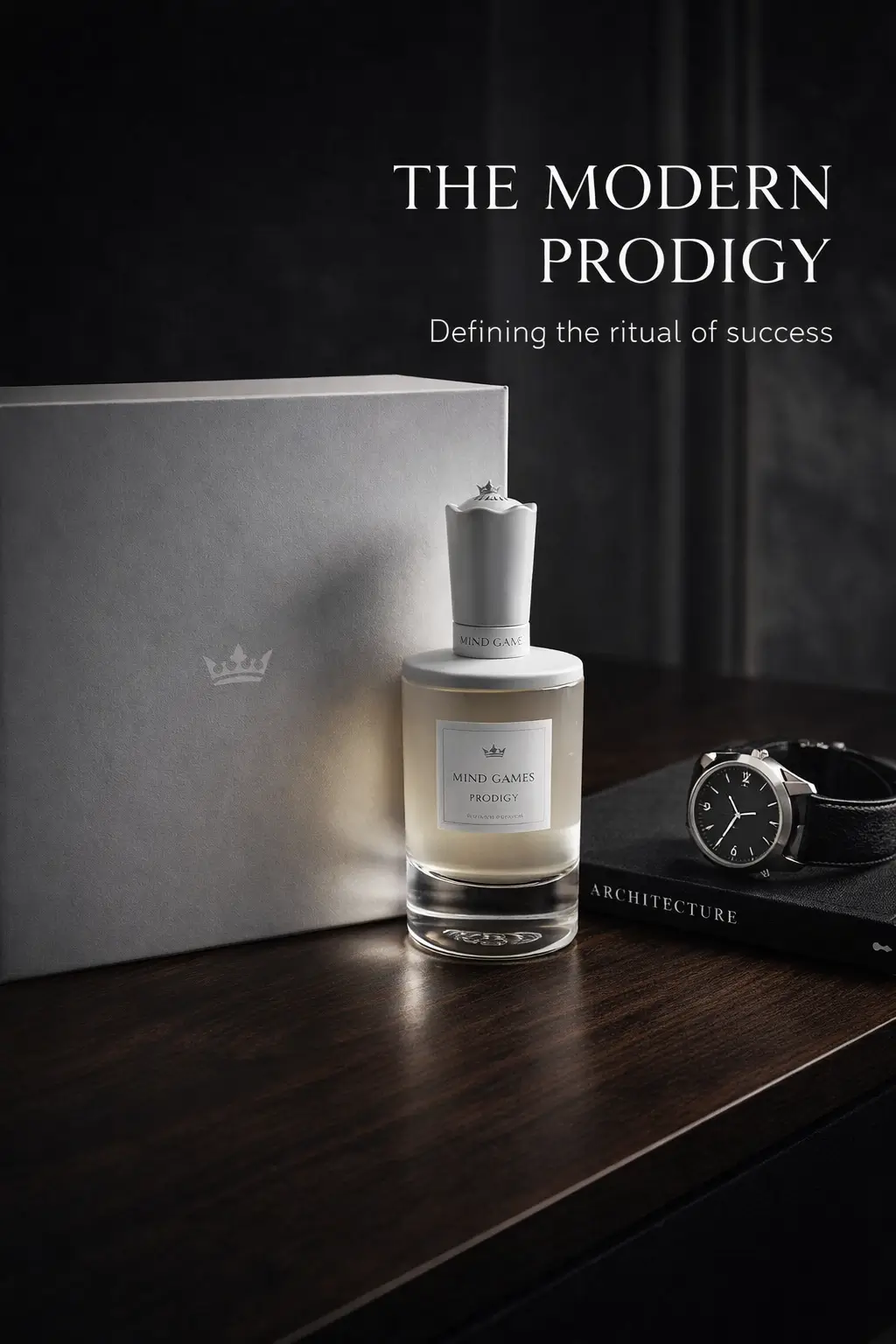 Dark amber glow surrounding a refined patchouli fragrance bottle