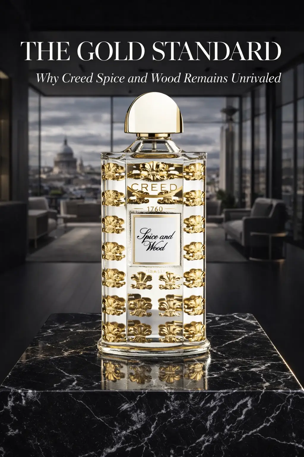 Atmospheric shot of a woody spicy fragrance bottle on a dark wooden surface with spice accents