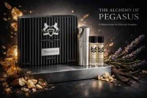 Parfums de Marly Pegasus luxury travel set featuring three glass vials and a sleek silver engraved case.