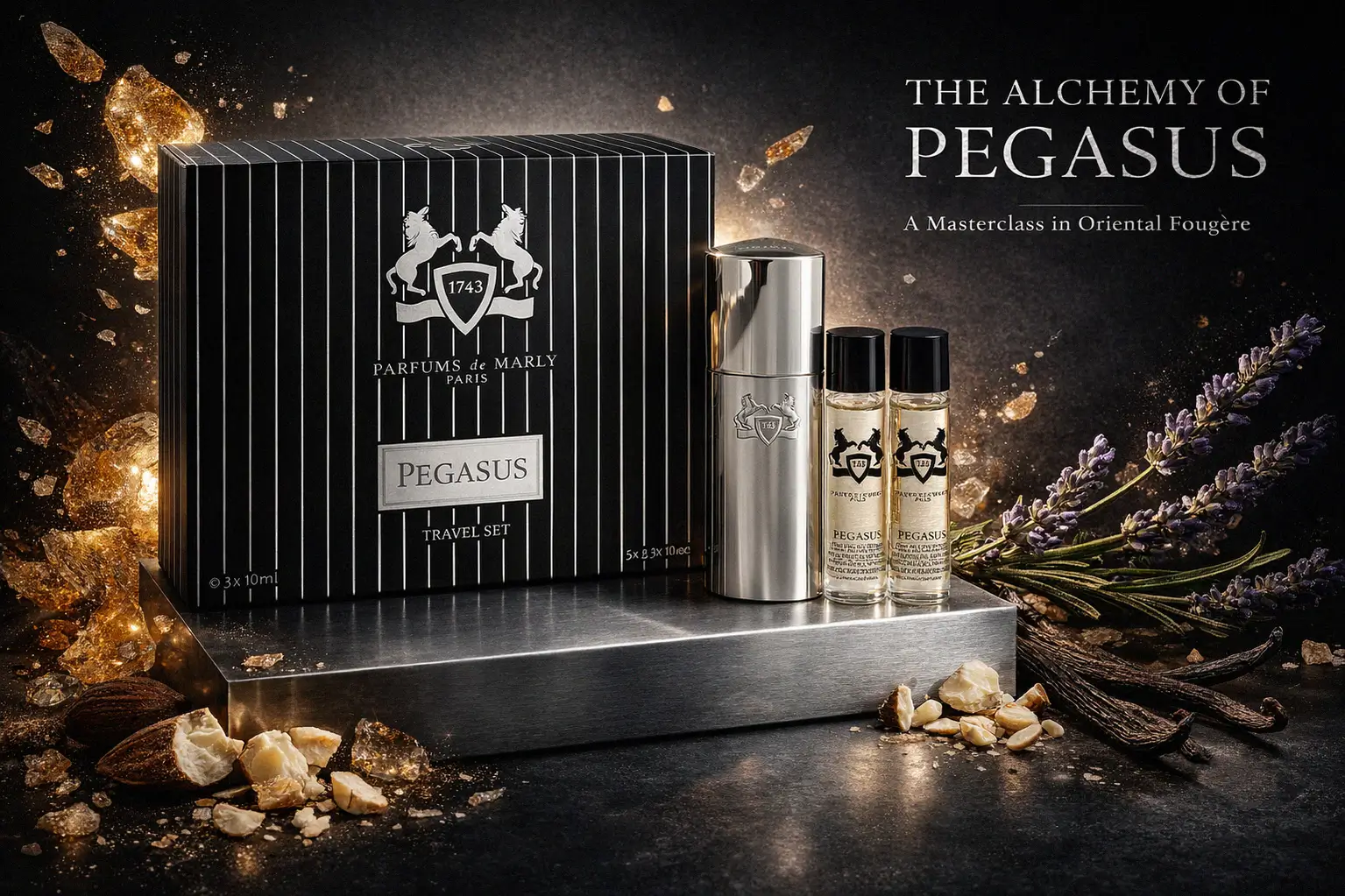 Parfums de Marly Pegasus luxury travel set featuring three glass vials and a sleek silver engraved case.
