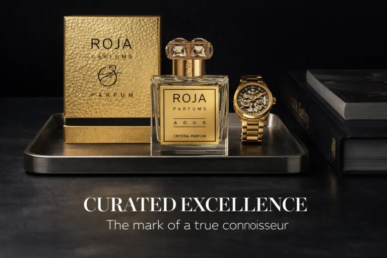 Crystal-clear perfume bottle by Roja Parfums with a gold cap and elegant label on a white surface.