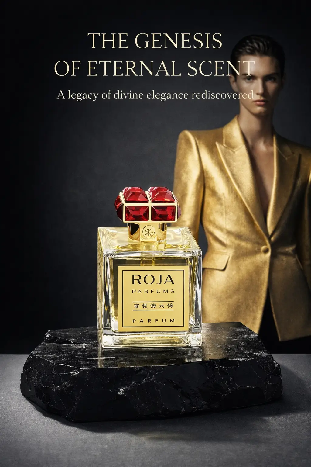 Golden extrait de parfum mood with warm, timeless elegance