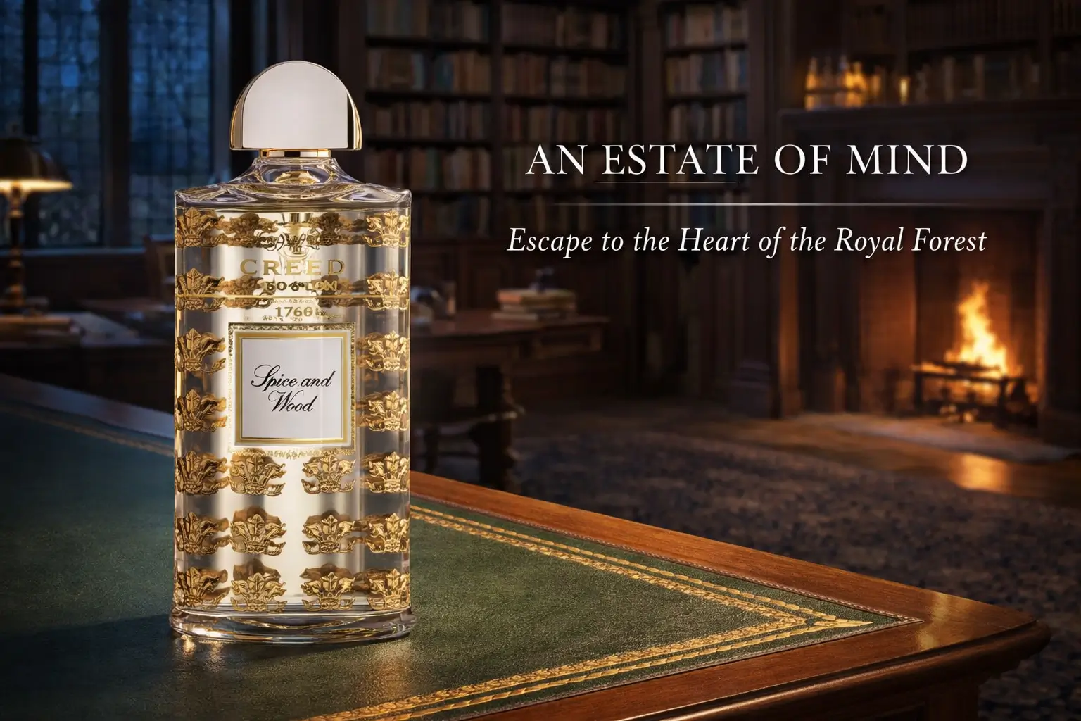 Luxury glass perfume bottle with a gold-etched label on a minimalist marble surface for a premium feel.