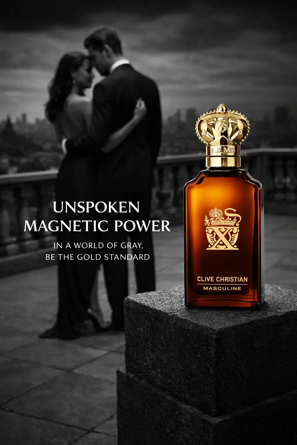 The golden liquid of a woody oriental masterpiece in a crystal clear glass bottle