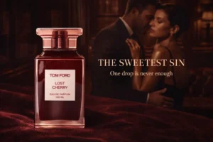 Deep cherry-red translucent glass bottle of Tom Ford Lost Cherry on a clean, luxury surface.