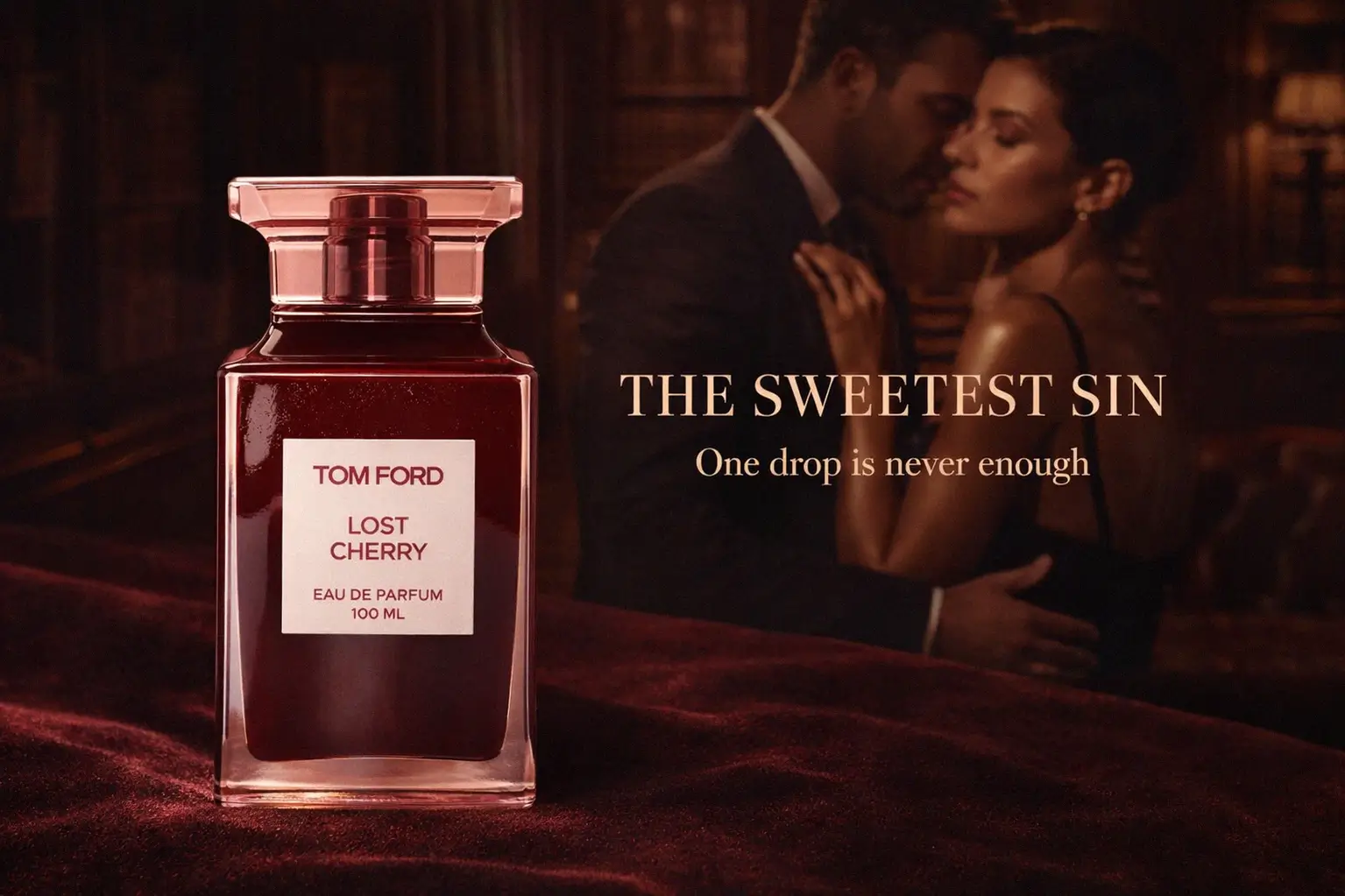 Deep cherry-red translucent glass bottle of Tom Ford Lost Cherry on a clean, luxury surface.
